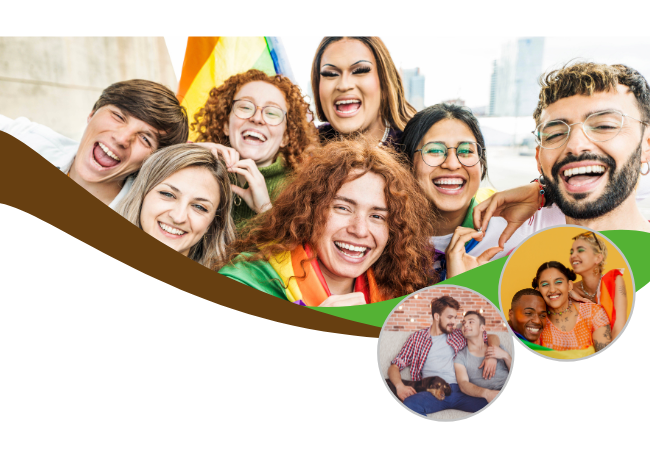 A group of male, female and non binary folks representing the LGBTQIA+ community with smiling in front of a pride flag
